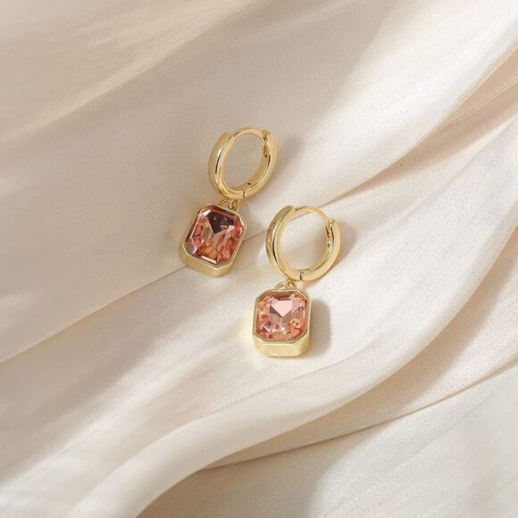 18K Yellow Gold with Champagne Topaz Crystal Dangling Octagon Huggie Earrings - Picture 2 of 7